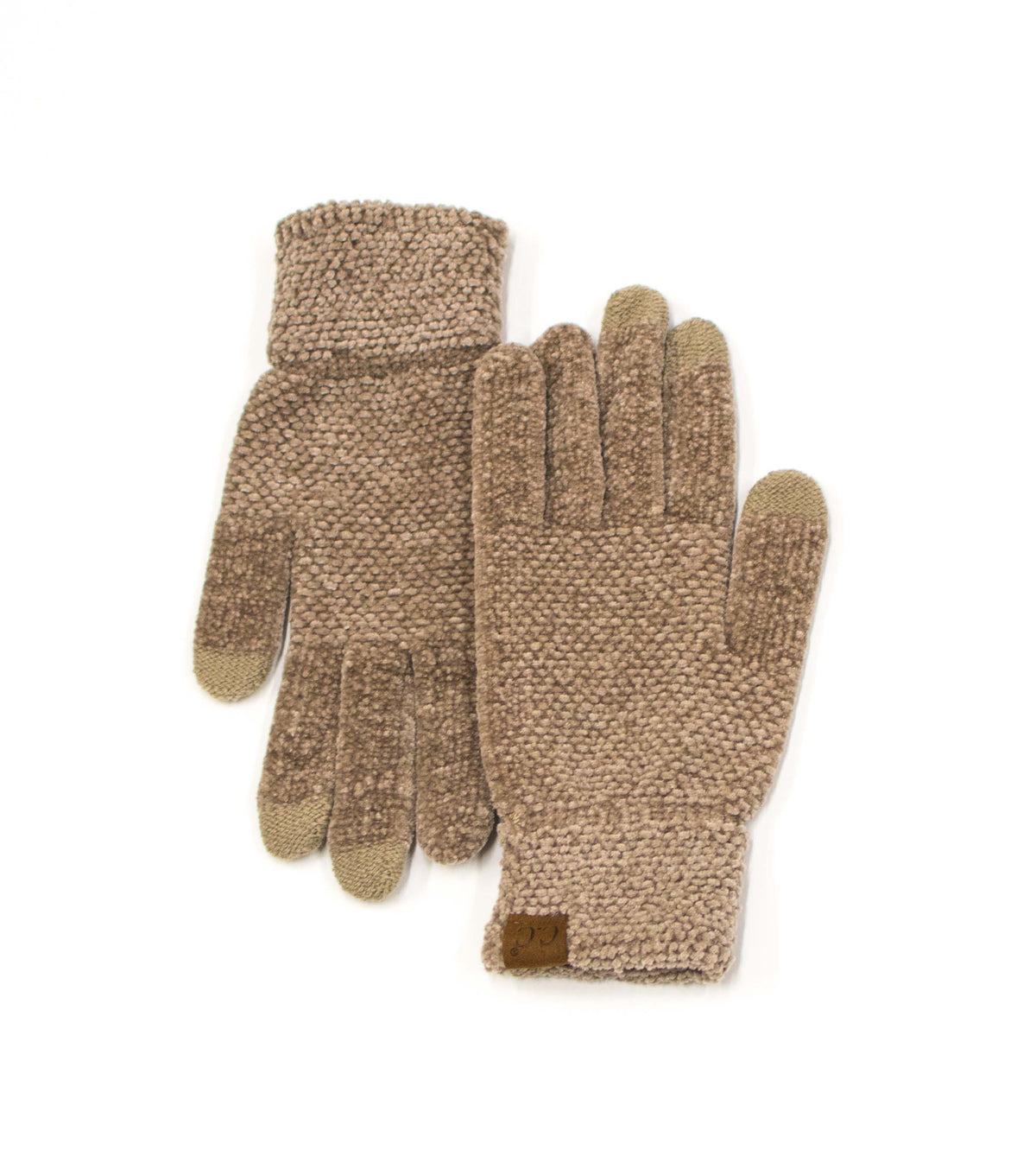 Taupe textured gloves with cuff patches on a white background.