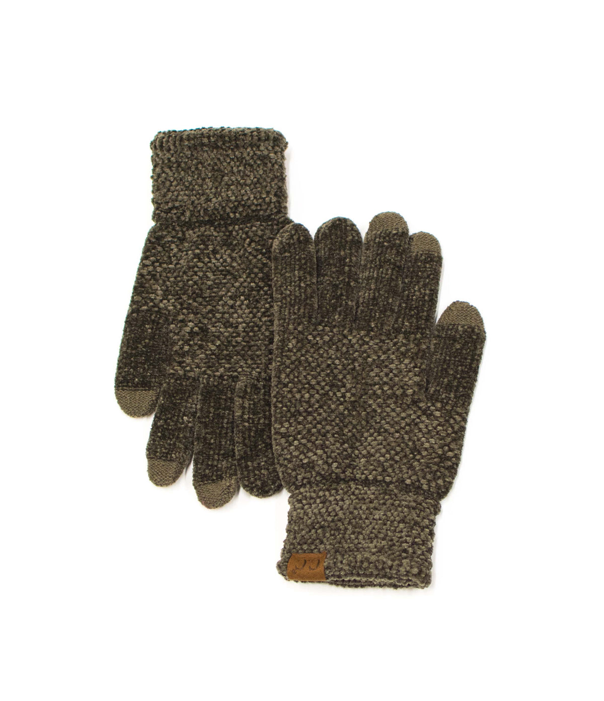 Olive green textured gloves with cuff patches on a white background.