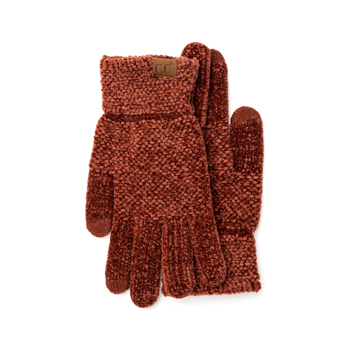 Rust-colored textured gloves with cuff patches on a white background.