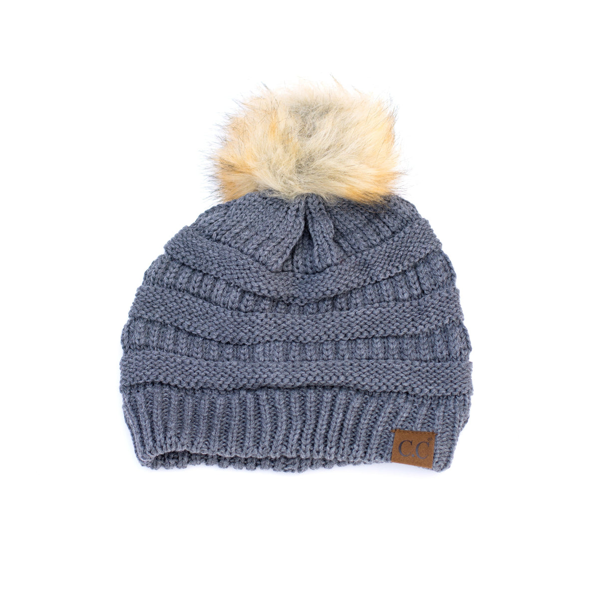 Grey knit pom beanie on a white background.