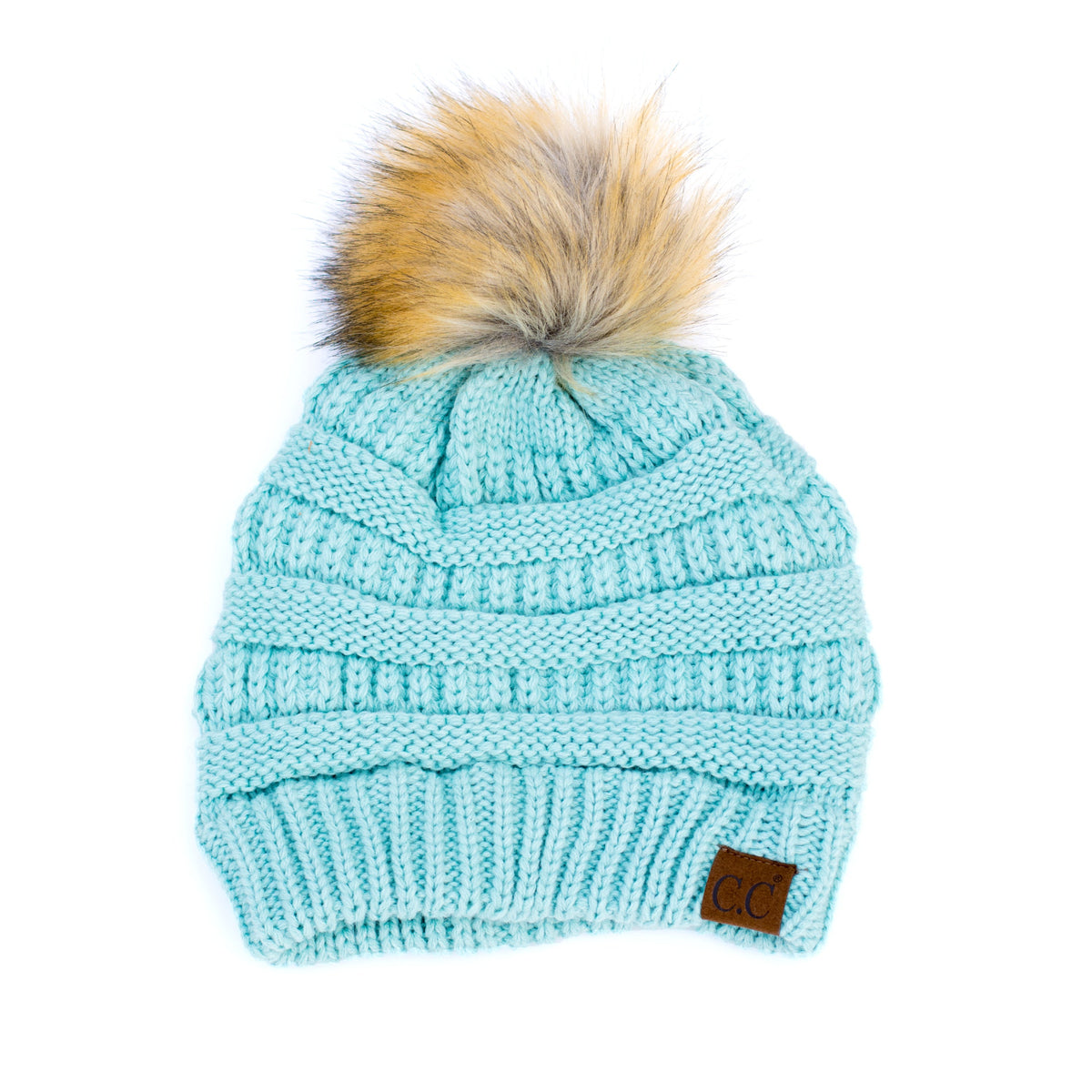 Mint textured knit pom beanie shown flat.
