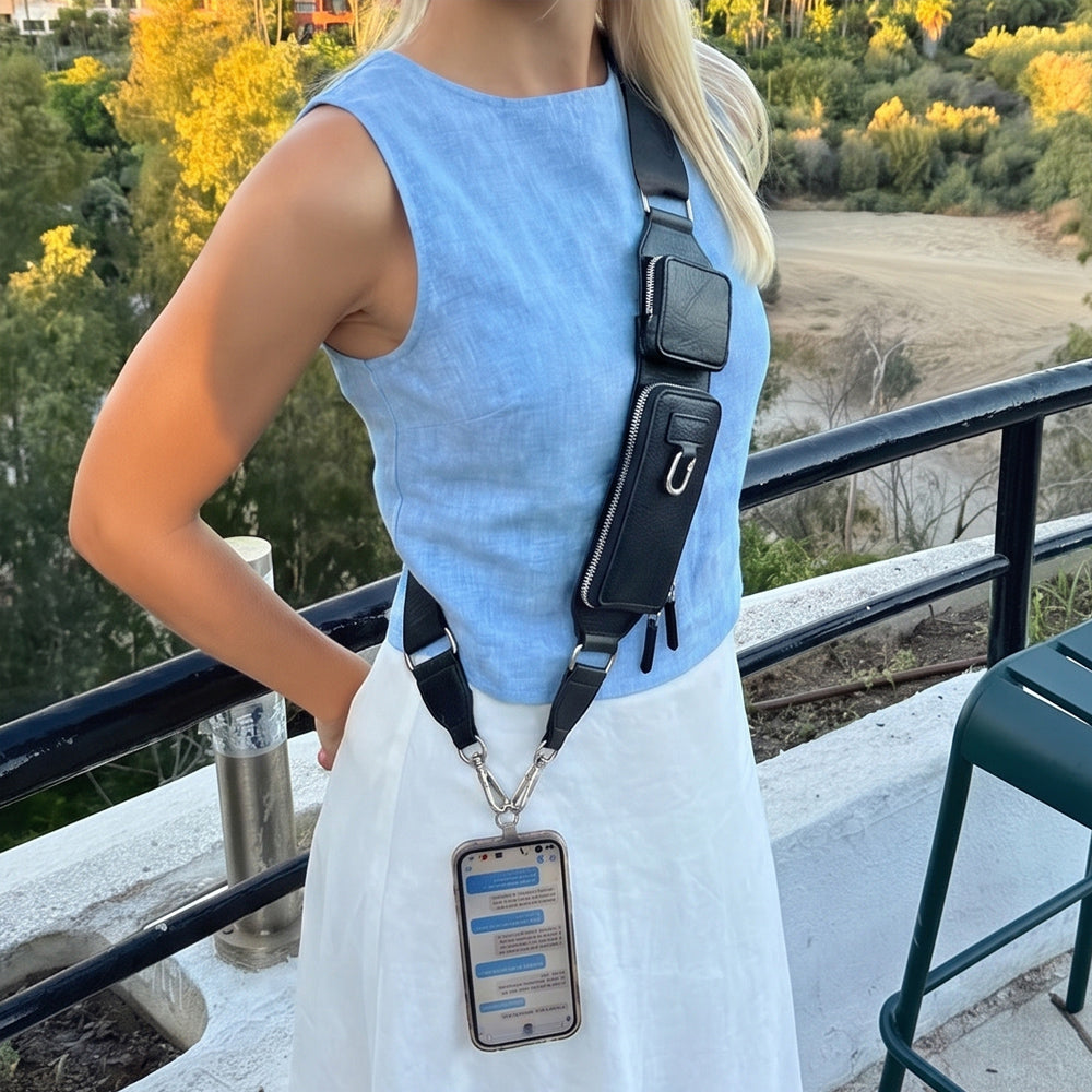 Zip & Clip RFID Crossbody Phone Strap with Two Pockets