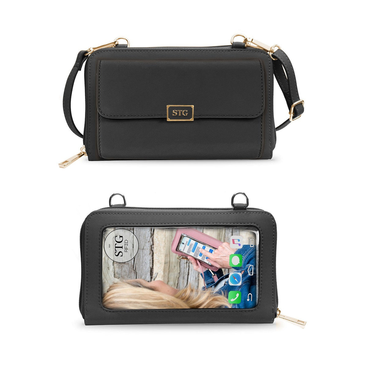 Midnight Black Captiva phone purse shown from the front and clear-window rear, with gold-tone hardware.