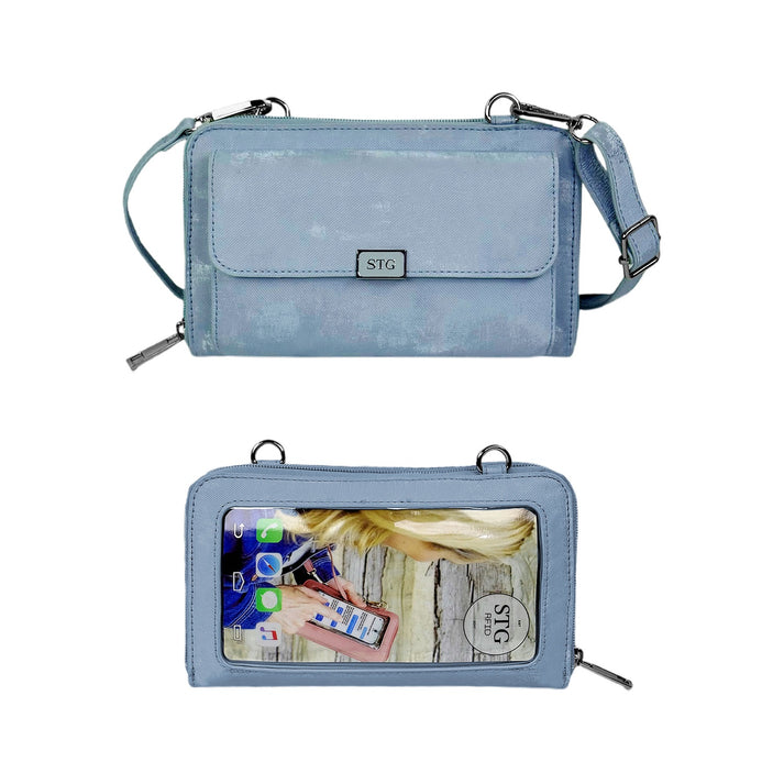 Icy Blue Captiva phone purse with silver-tone hardware, shown from the front and clear-window rear.