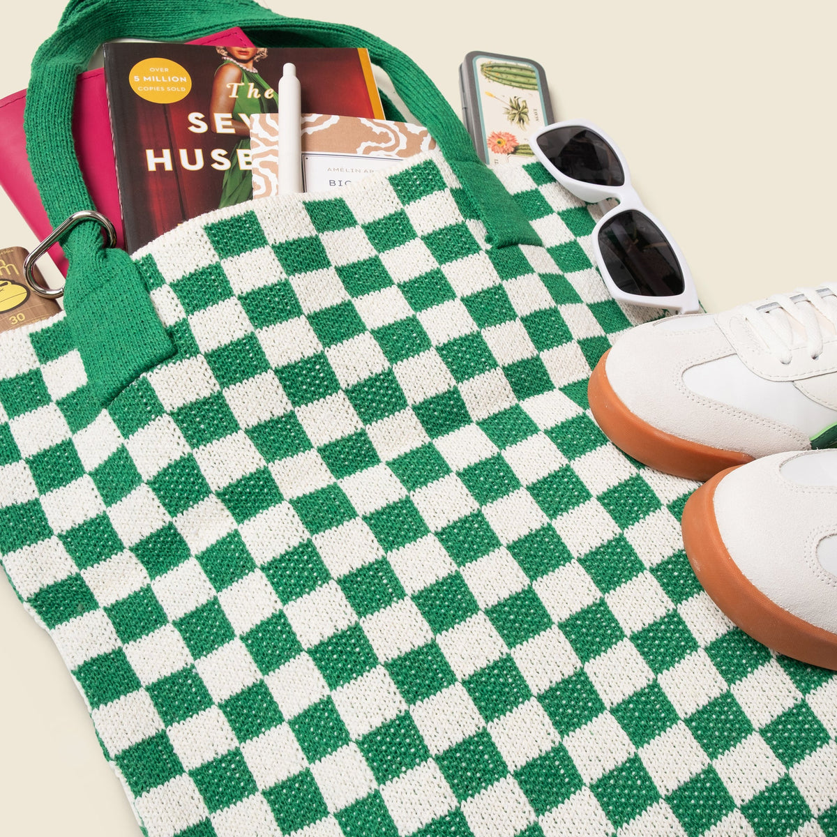 Green Checkered Washable Knit Tote Bag