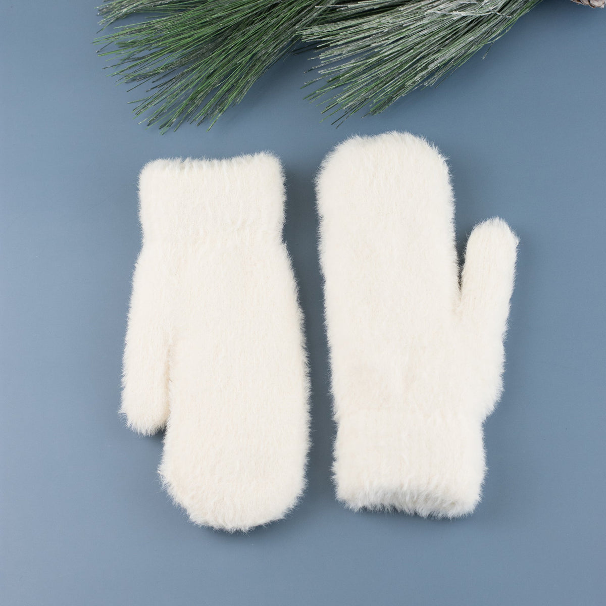 White plush mittens displayed on a blue background.
