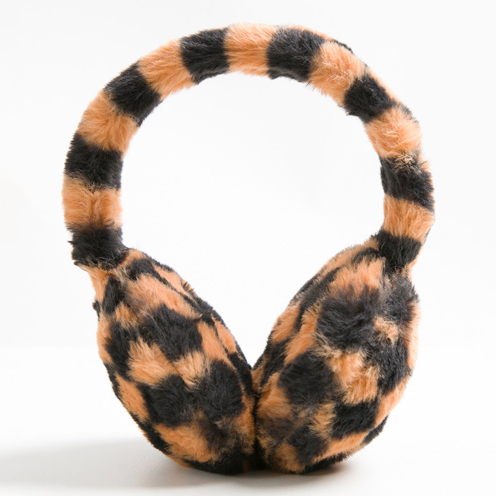 Front view of brown and black checkered earmuffs.