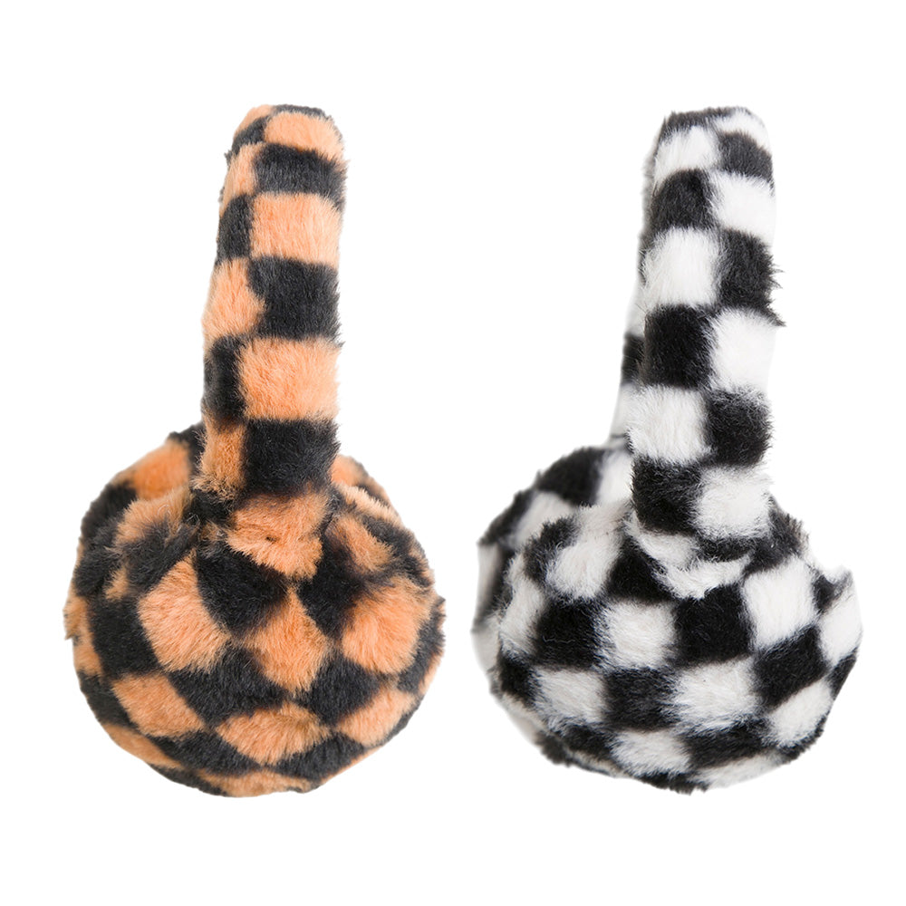 Two checkered earmuff styles shown from the side.