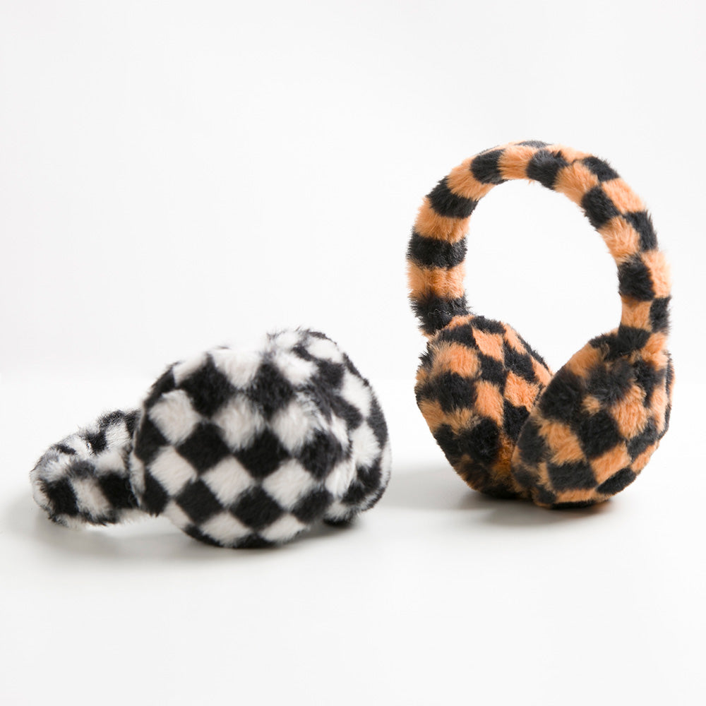 Brown and white checkered earmuff styles displayed together.