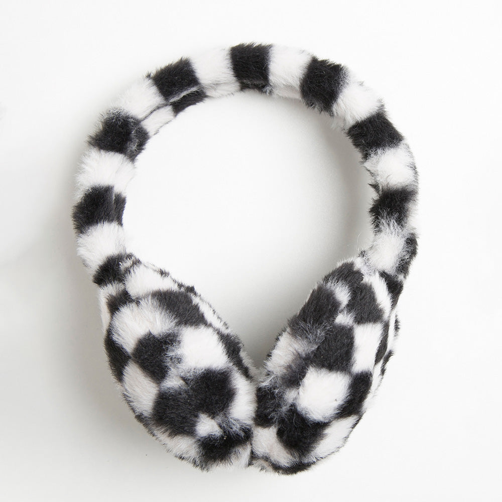 Front view of white and black checkered earmuffs.