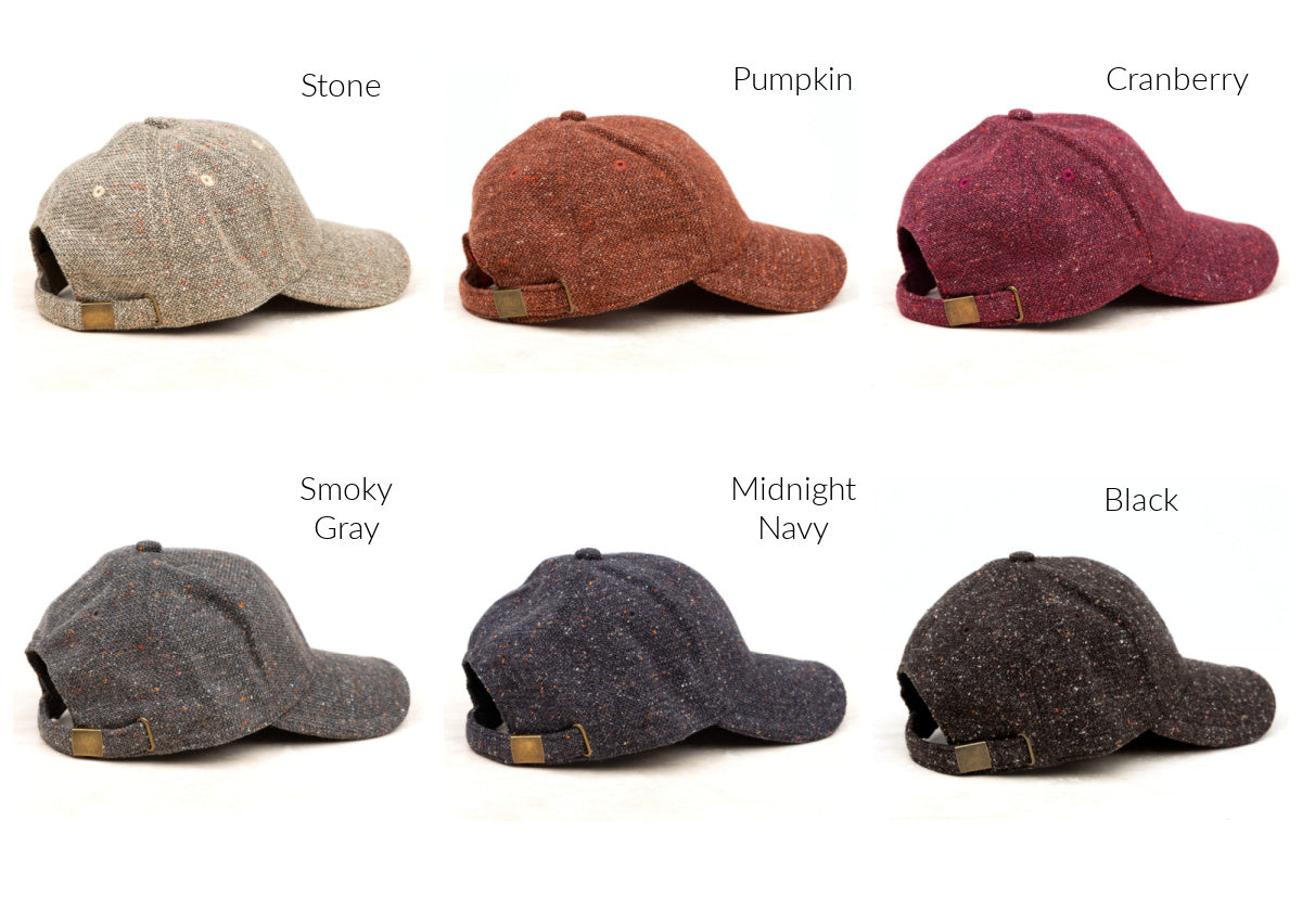 Color chart showing tweed-style baseball caps in six shades.