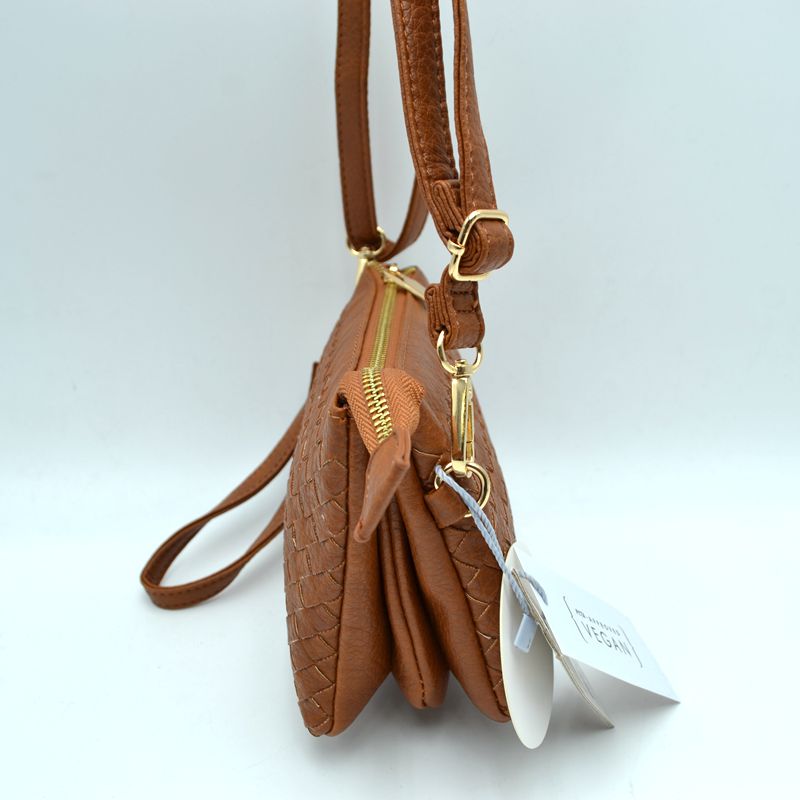 Brown woven convertible crossbody and wristlet clutch with gold-tone hardware