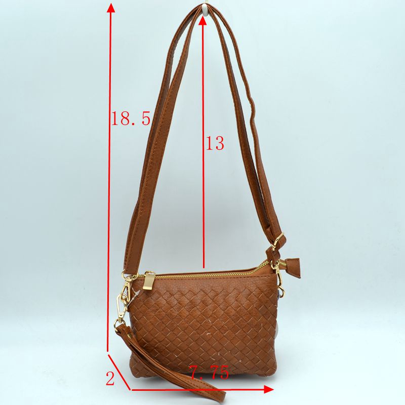 Brown woven convertible crossbody and wristlet bag with dimension guide