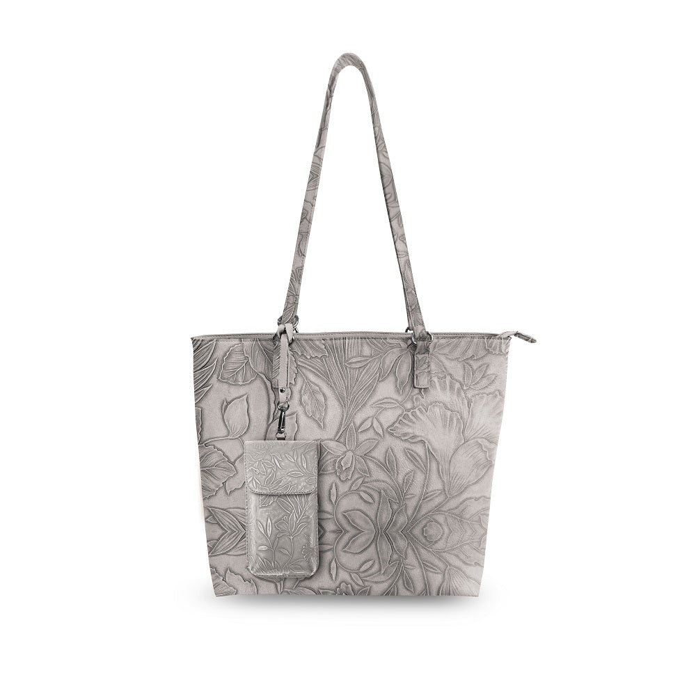 Light grey floral tote bag with crossbody strap - product view 1