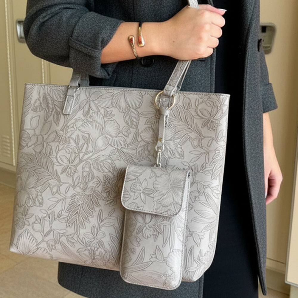 Light grey floral tote bag with crossbody strap - product view 2