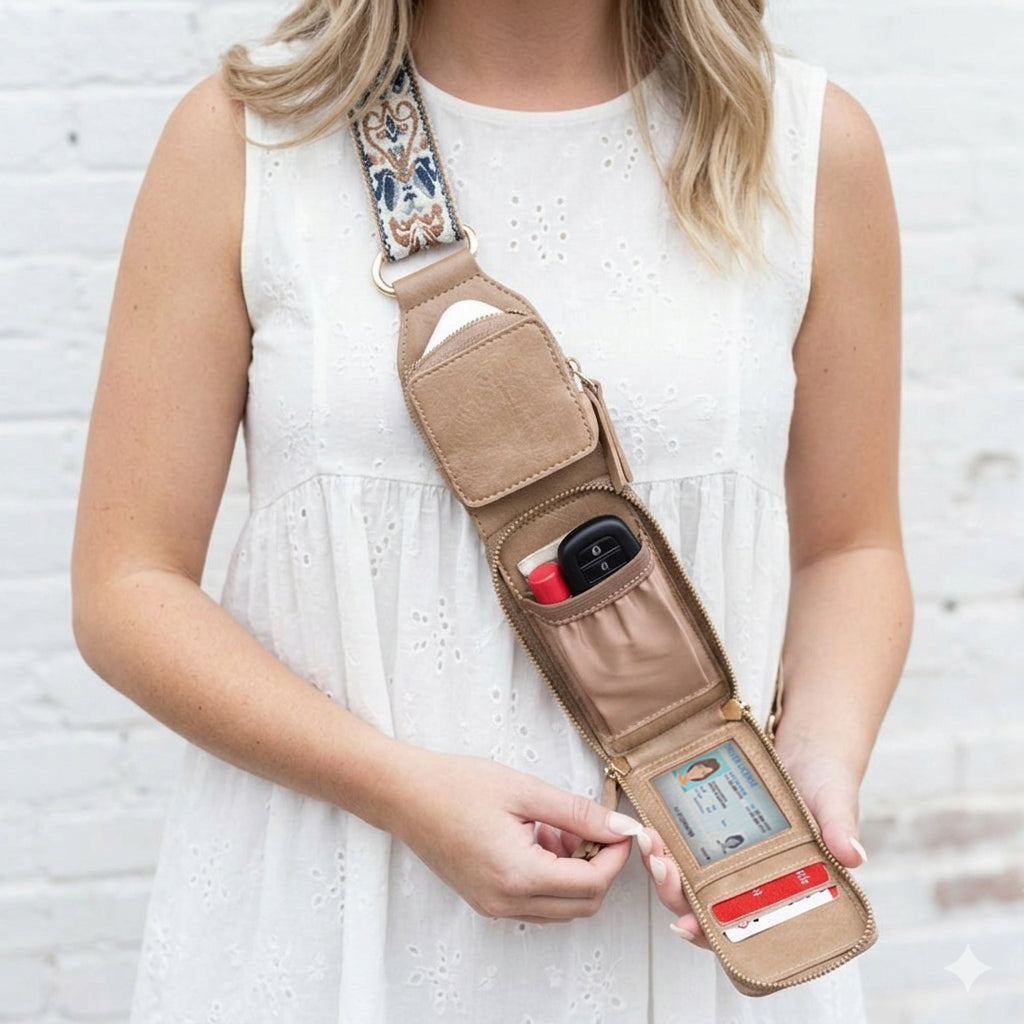 Zip & Clip RFID Crossbody Phone Strap with Two Pockets