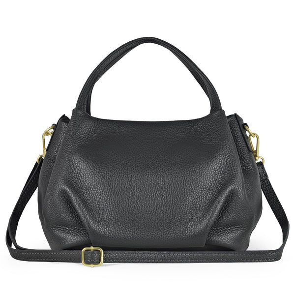 Black Lucca bag with rounded top handles, a long strap and gold-tone hardware.