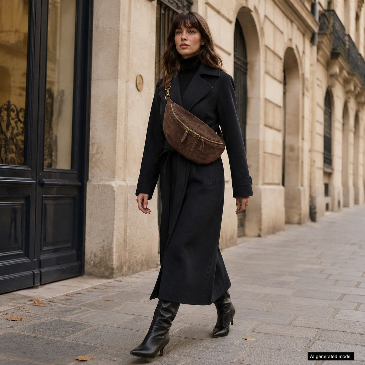 AI-generated model wearing a brown suede crescent crossbody bag over a black coat on an urban street.
