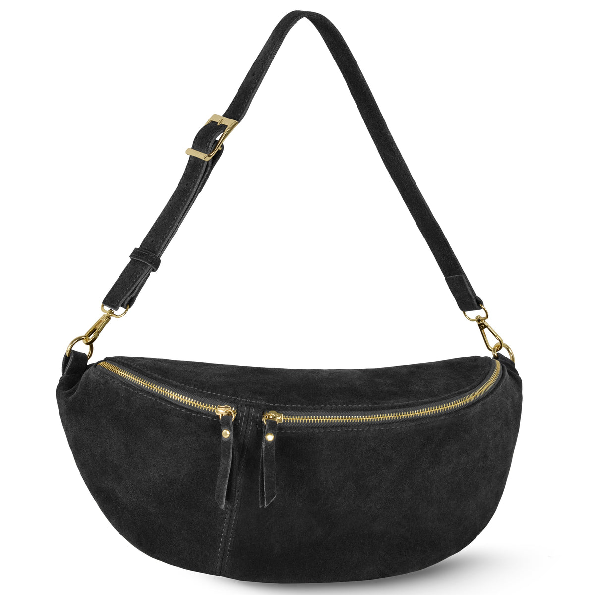 Black suede crescent crossbody bag with adjustable strap, gold-tone hardware and top zipper on a white background.
