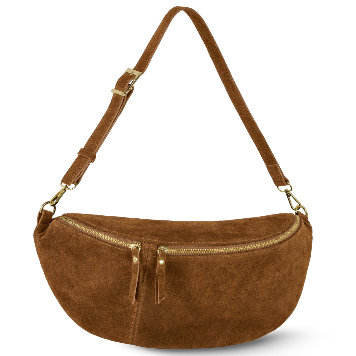 Mocha brown suede crescent crossbody bag with adjustable strap, gold-tone hardware and top zipper on a white background.