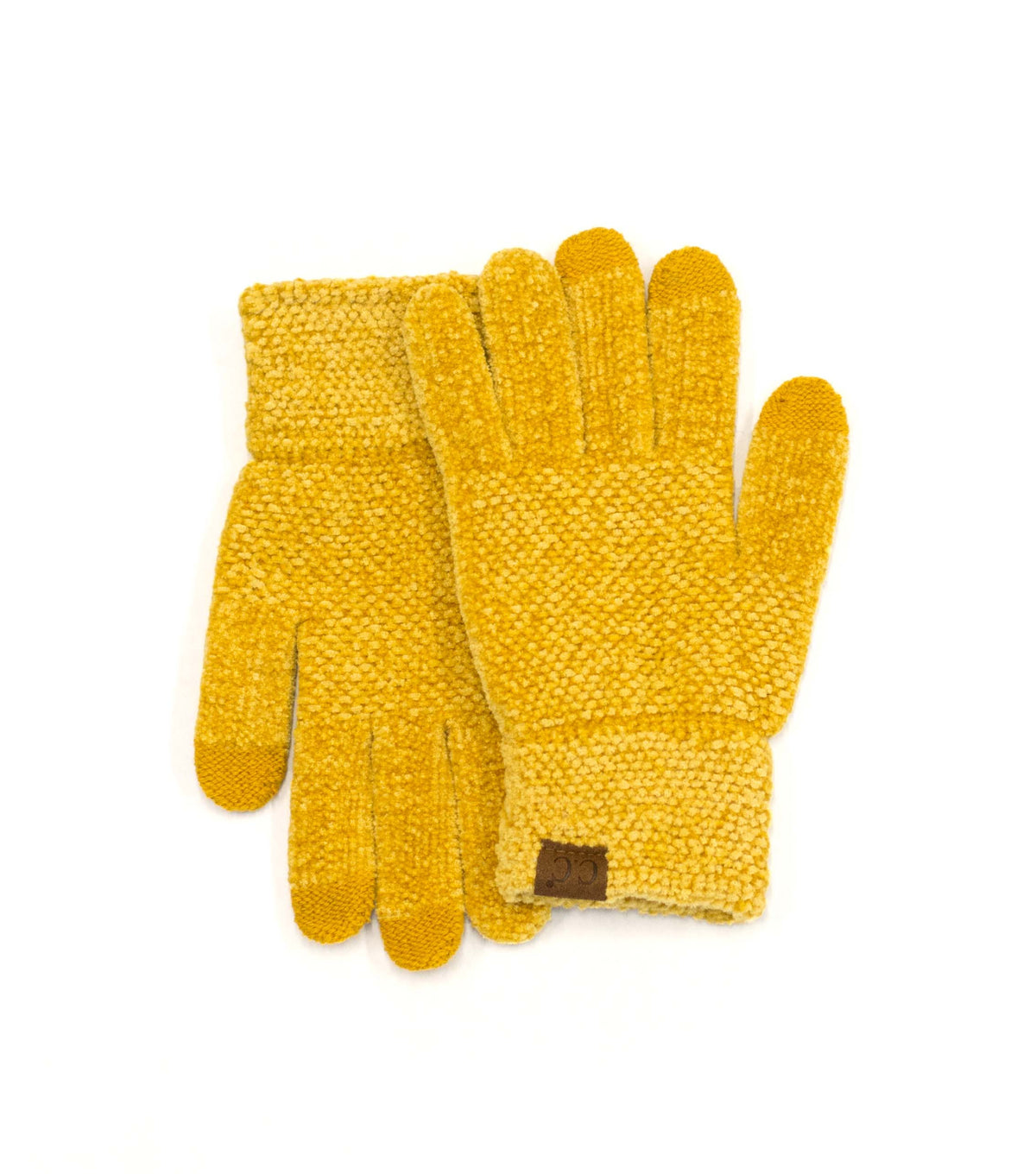 Mustard yellow textured gloves with cuff patches on a white background.