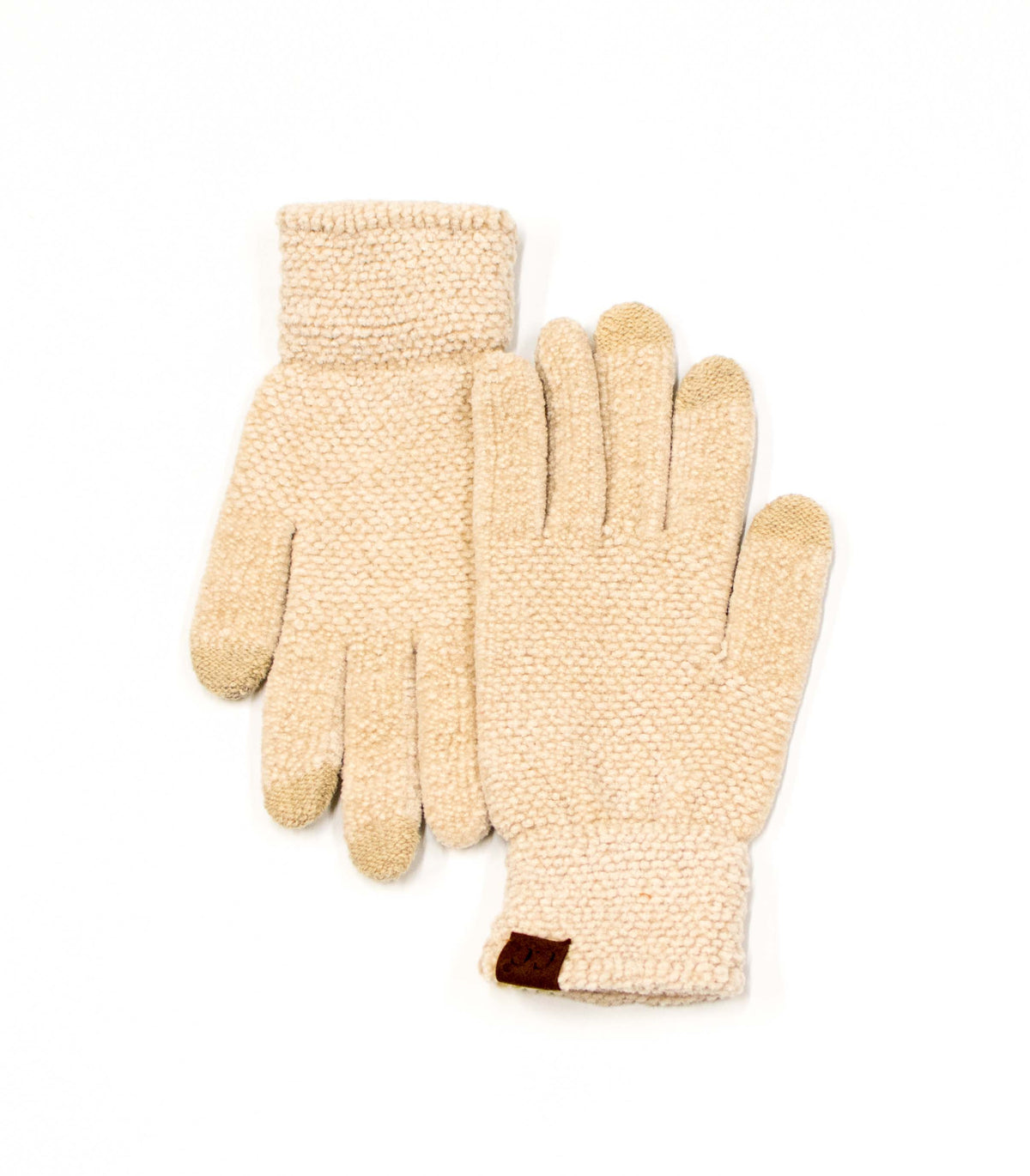 Beige textured gloves with cuff patches on a white background.