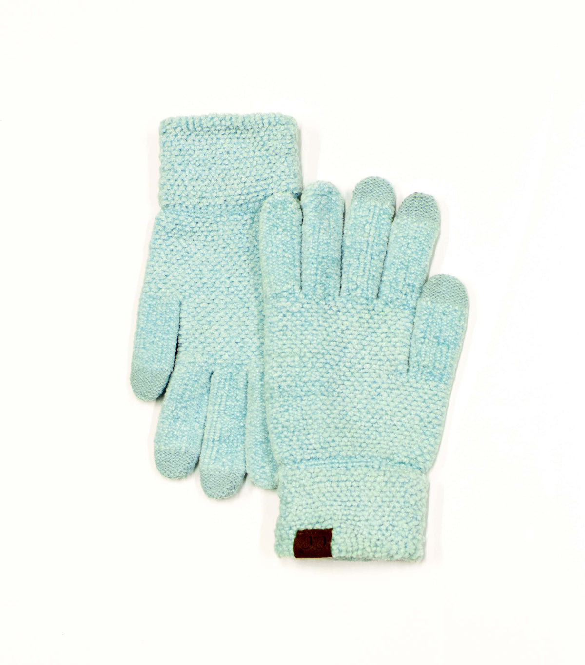 Mint textured gloves with cuff patches on a white background.