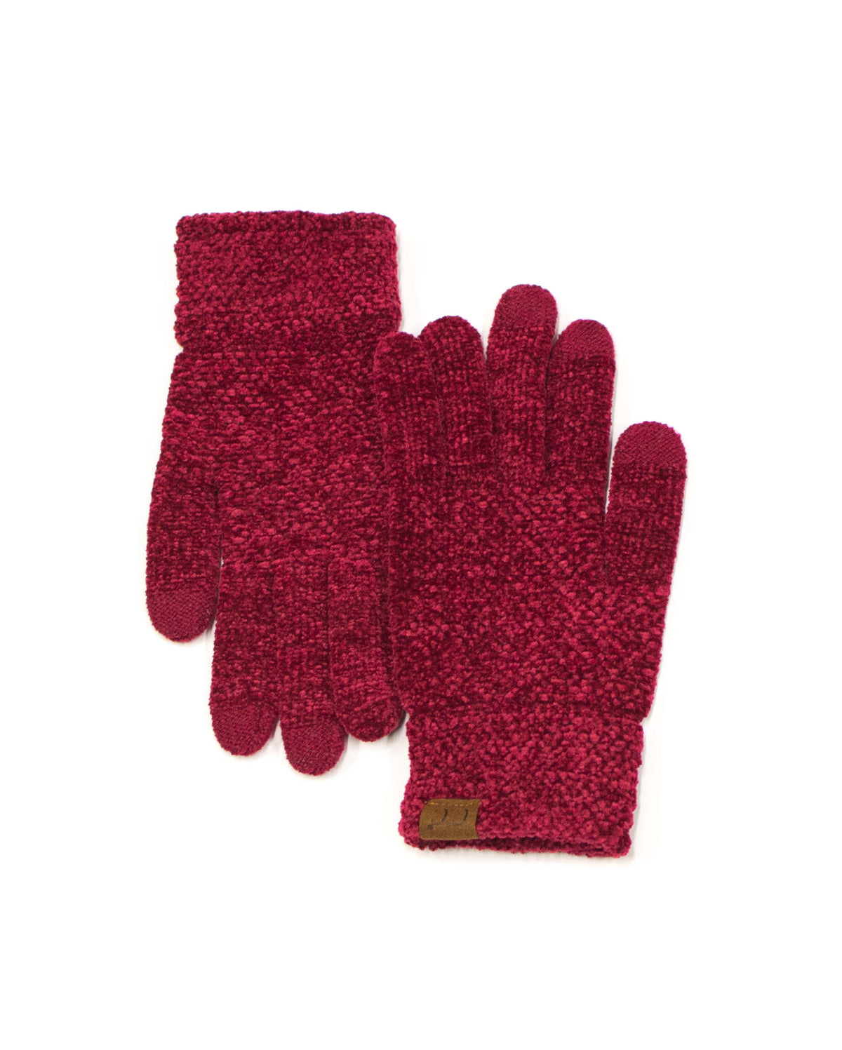 Burgundy textured gloves with cuff patches on a white background.