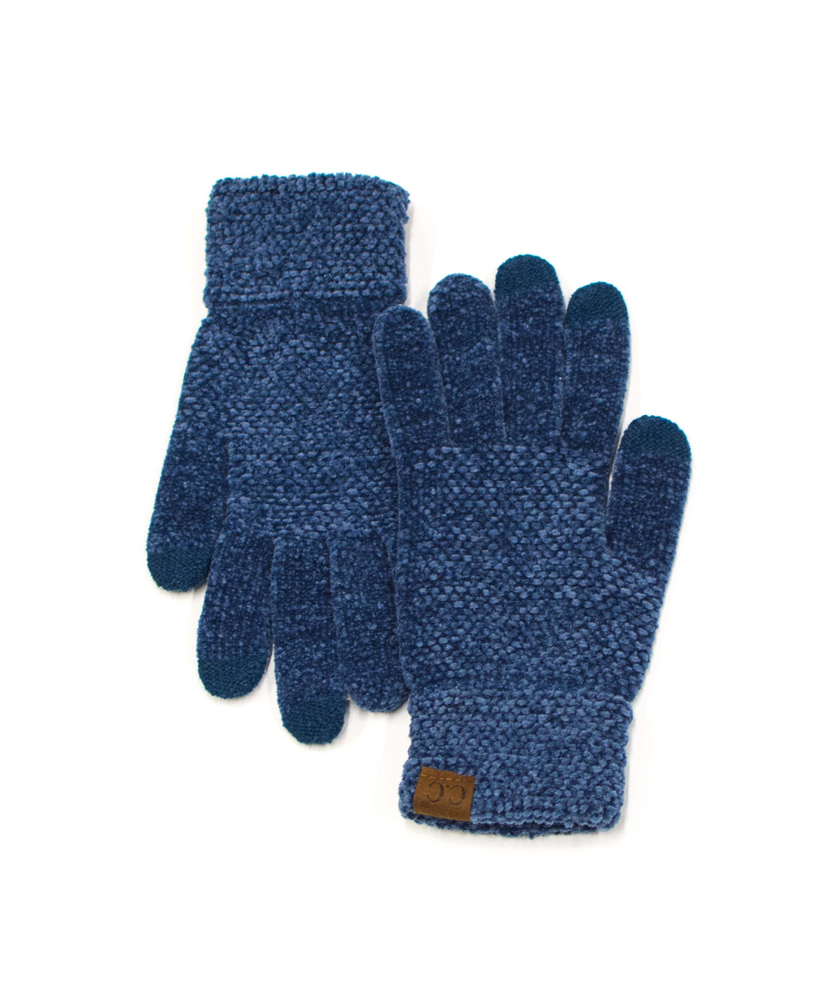 Dark blue textured gloves with cuff patches on a white background.