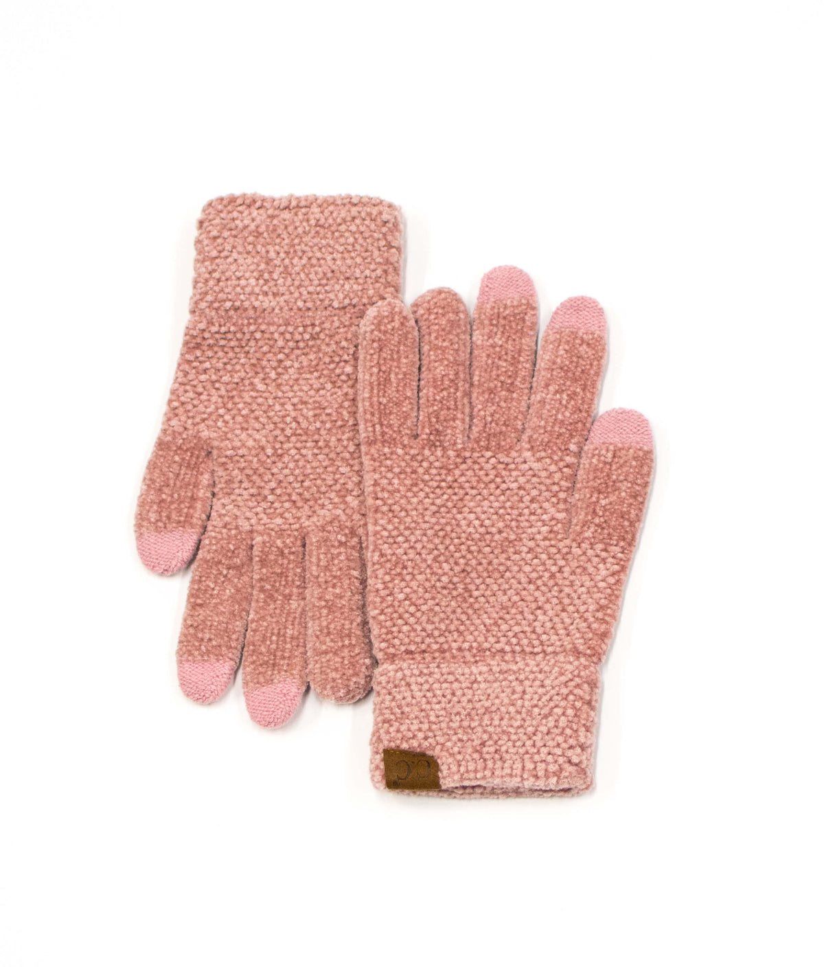 Rose pink textured gloves with cuff patches on a white background.