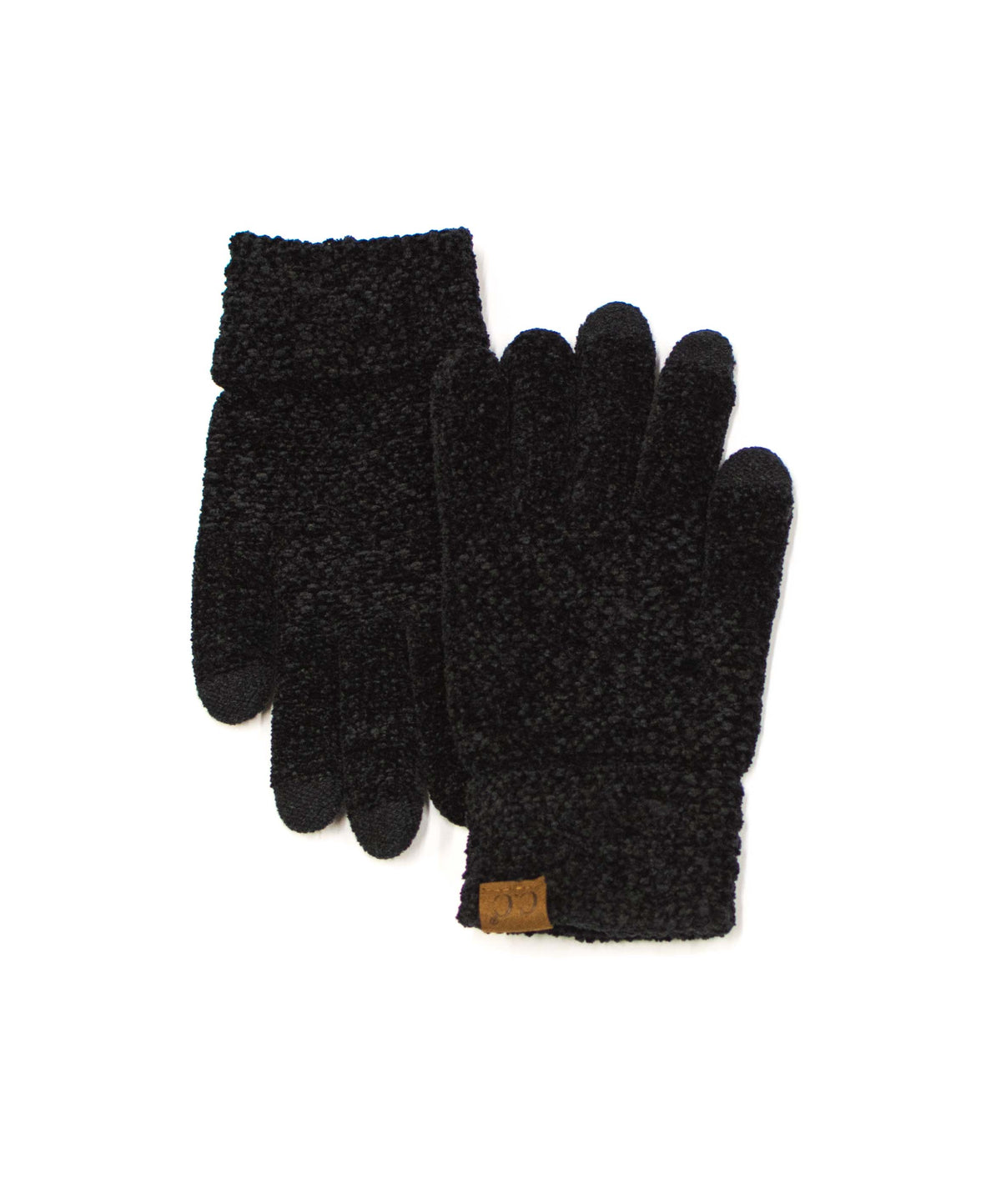 Black textured gloves with cuff patches on a white background.
