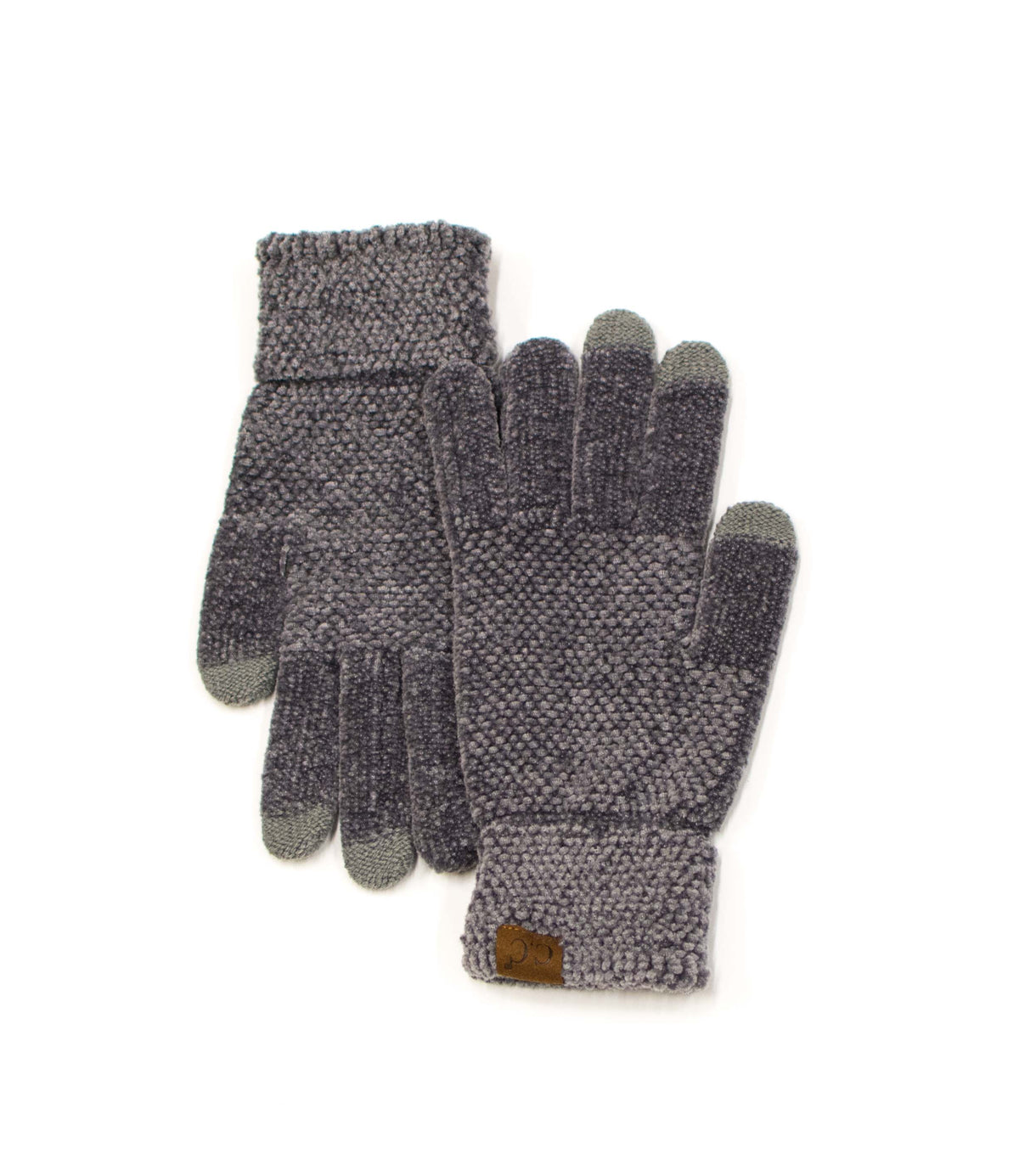 Grey textured gloves with cuff patches on a white background.