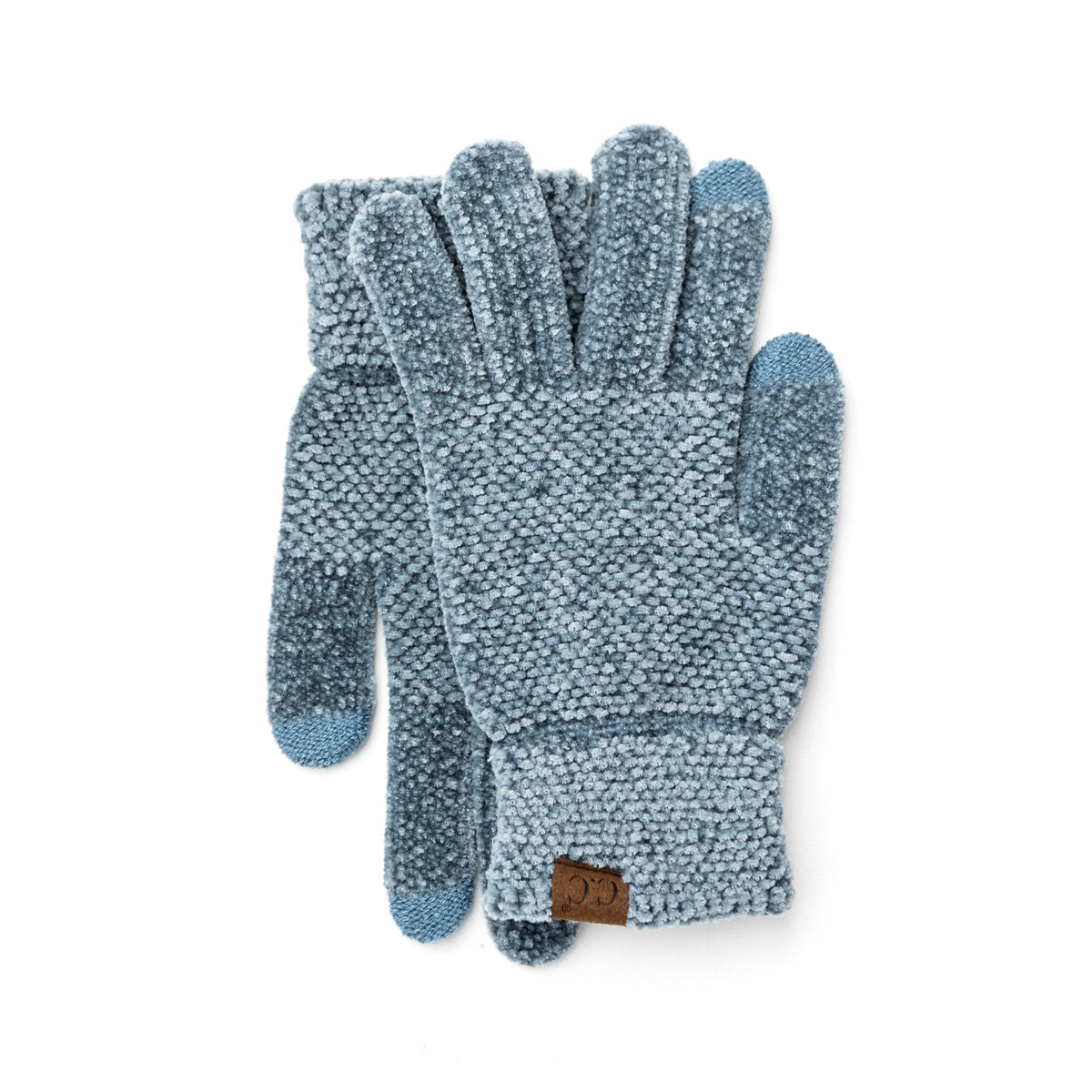 Steel blue textured gloves with cuff patches on a white background.