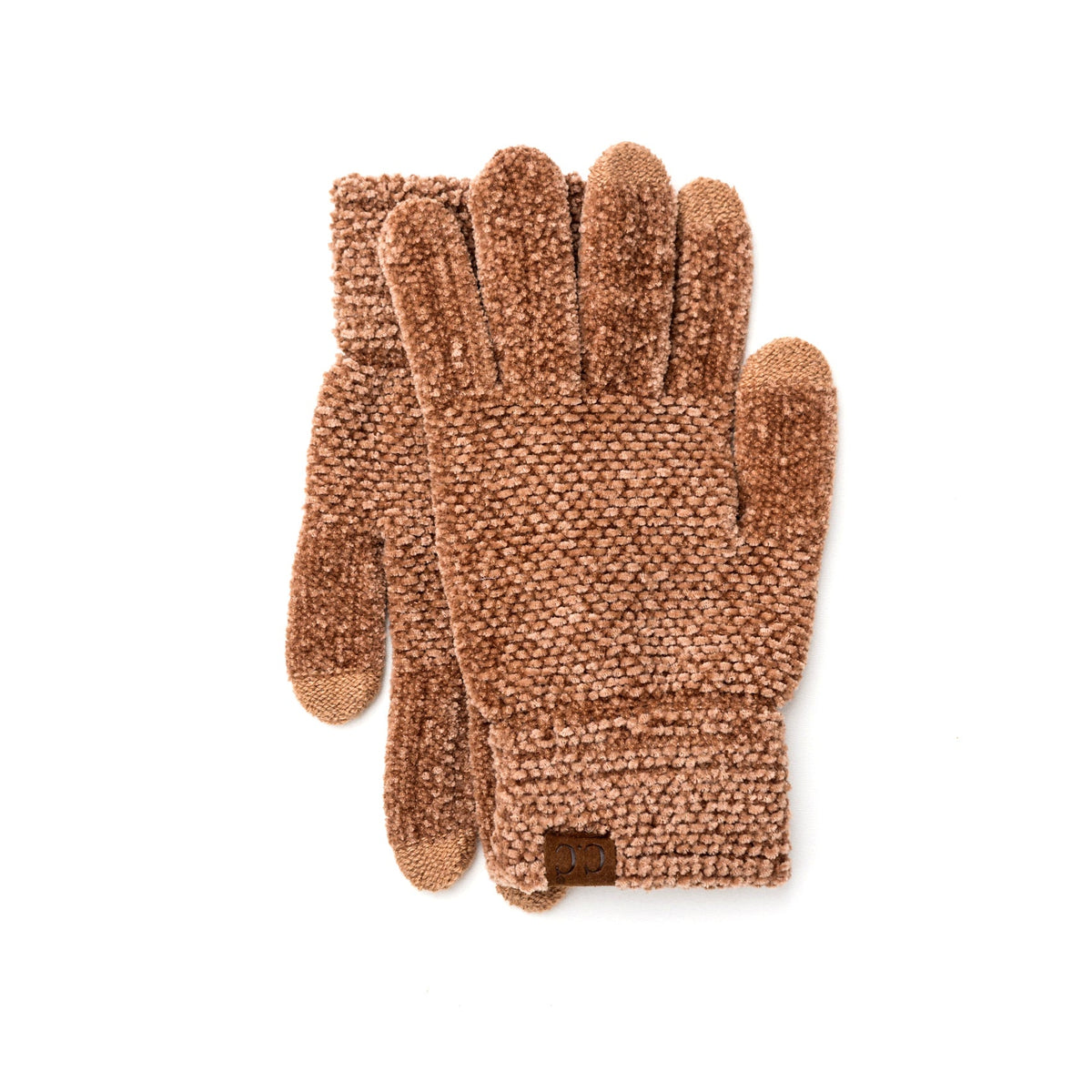 Tan textured gloves with cuff patches on a white background.