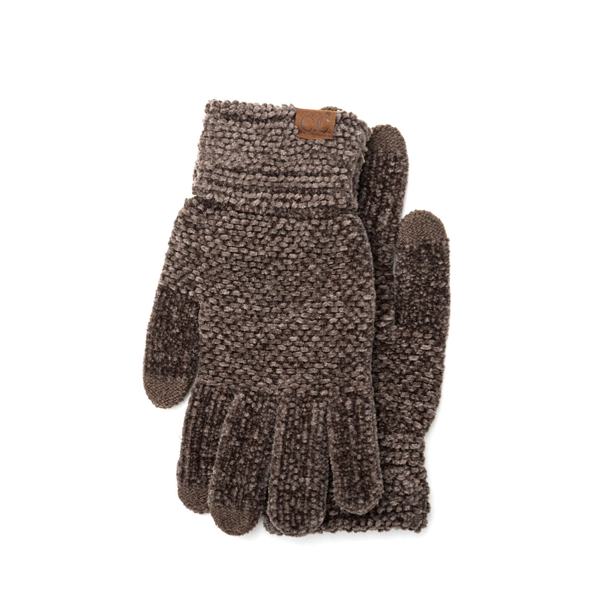 Dark brown textured gloves with cuff patches on a white background.