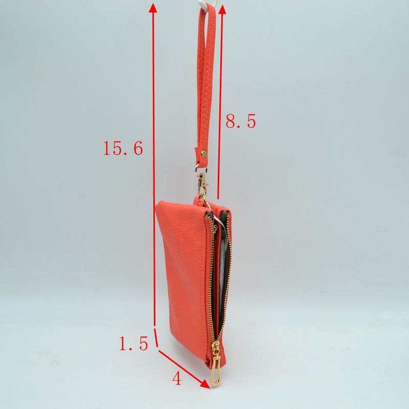 Khaki compact wristlet clutch shown with product dimensions