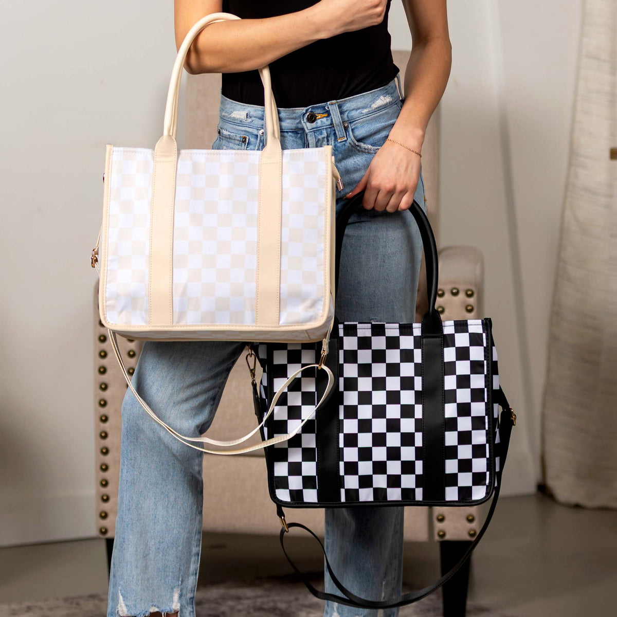 Dallas checkered nylon tote bags in Almond Check and Black/White Check, shown carried by the handles