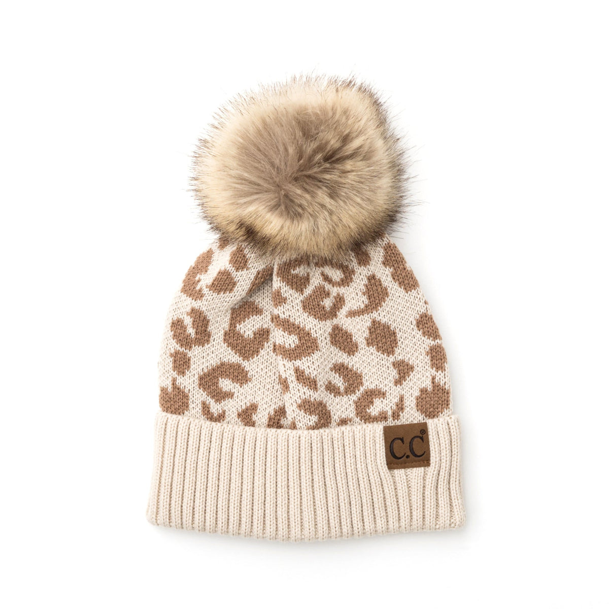 Beige leopard-pattern beanie with a brown pom on a white background.