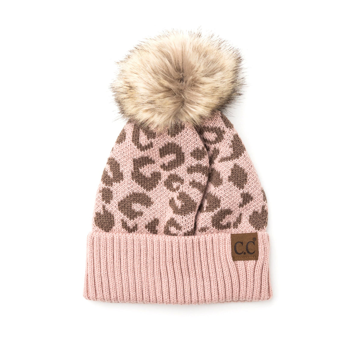 Rose pink leopard-pattern beanie with a brown pom on a white background.