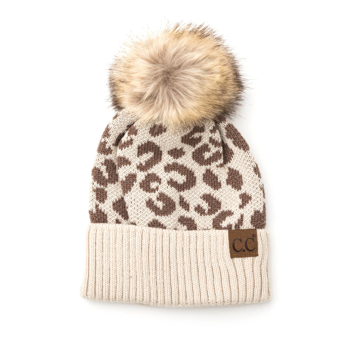 Taupe leopard-pattern beanie with a brown pom on a white background.
