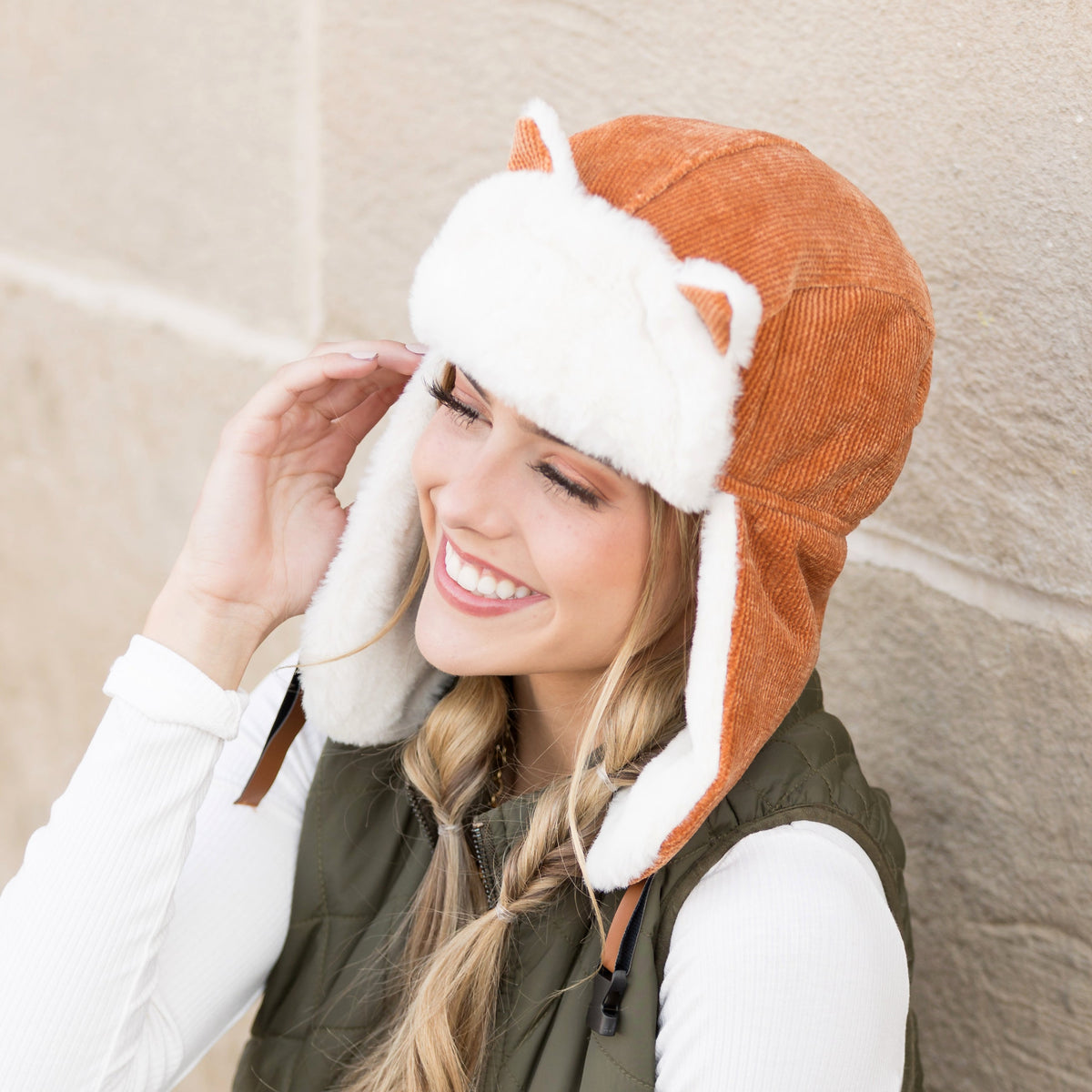 Camel kitten-ear trapper hat shown from the side.