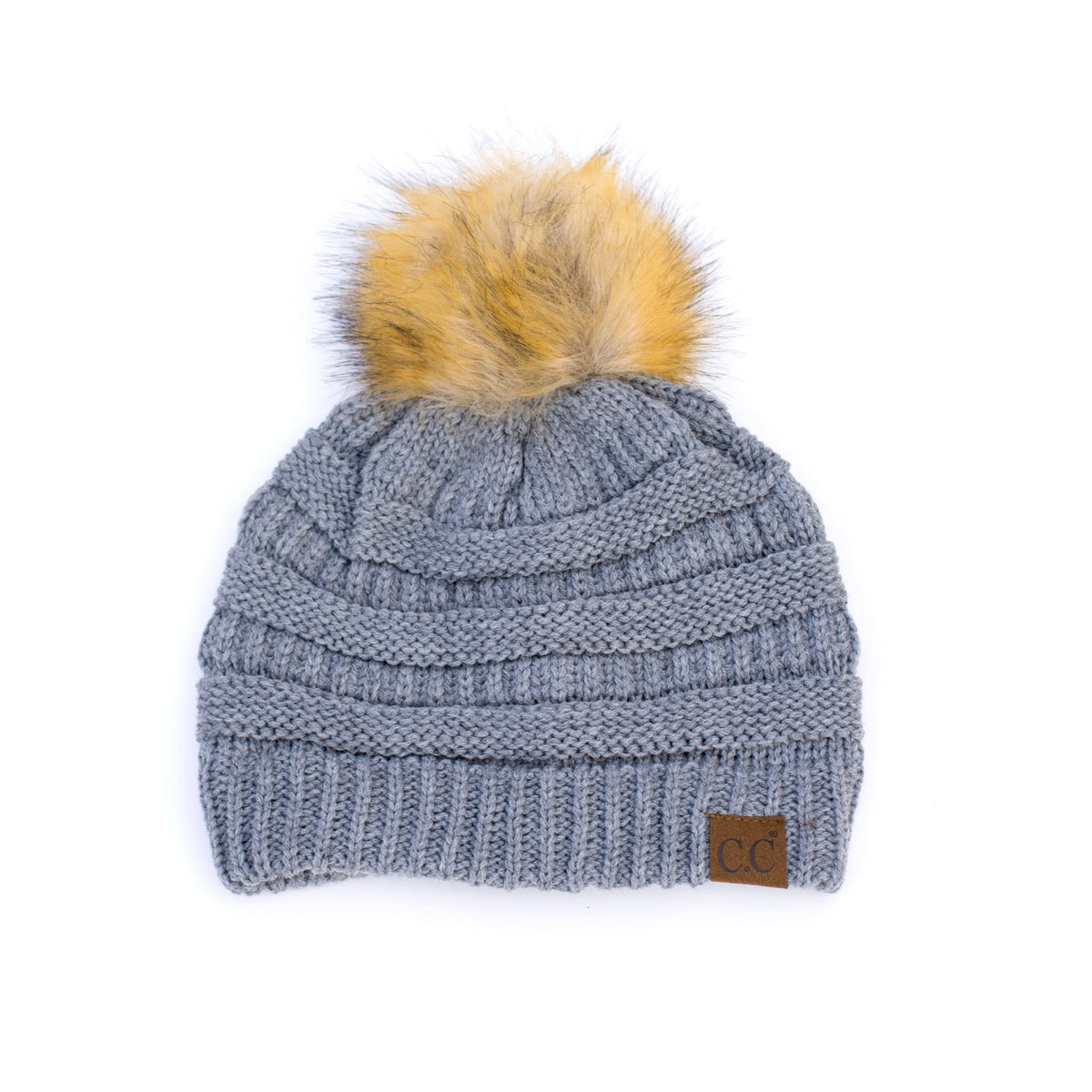 Grey textured knit pom beanie shown flat.