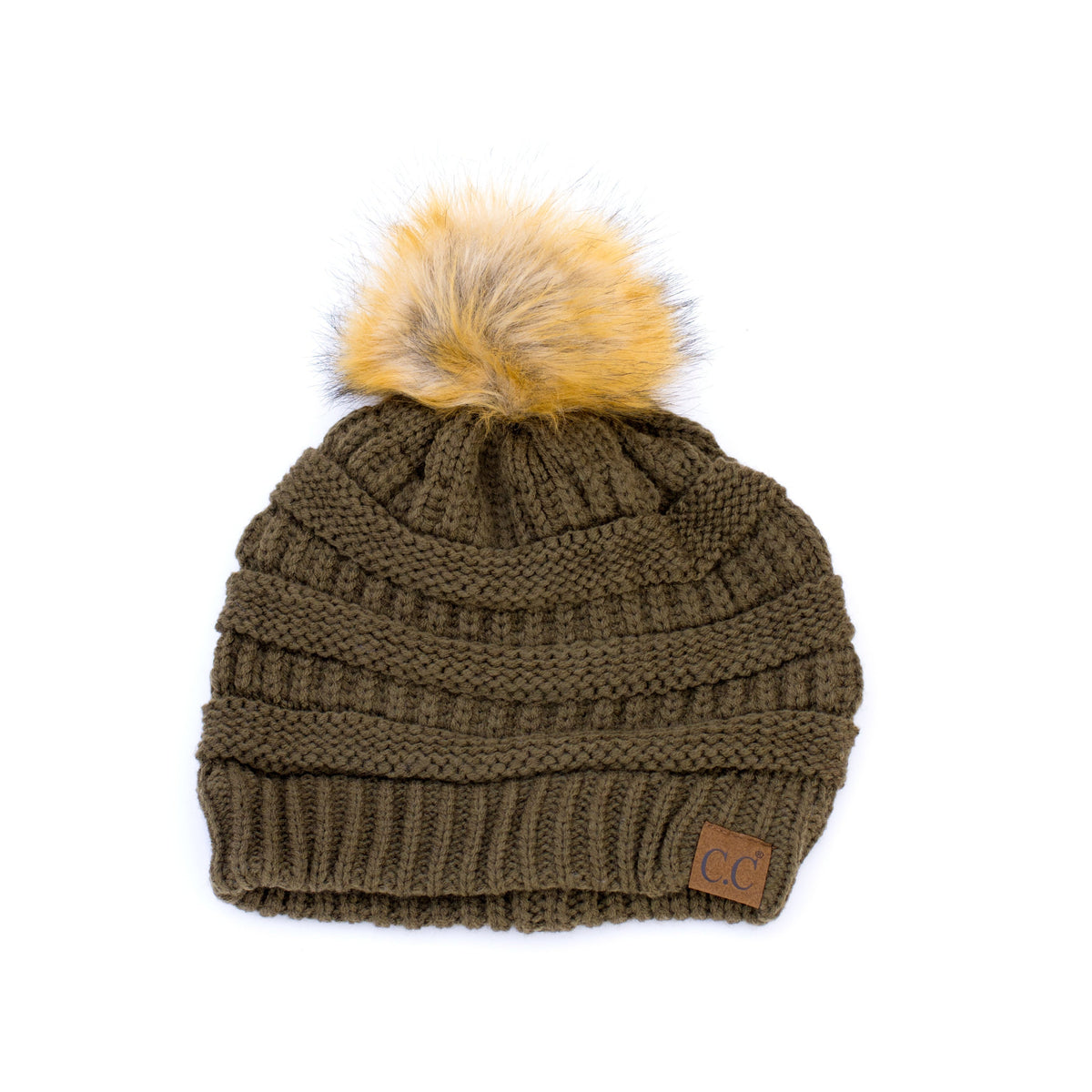 Olive green textured knit pom beanie shown flat.