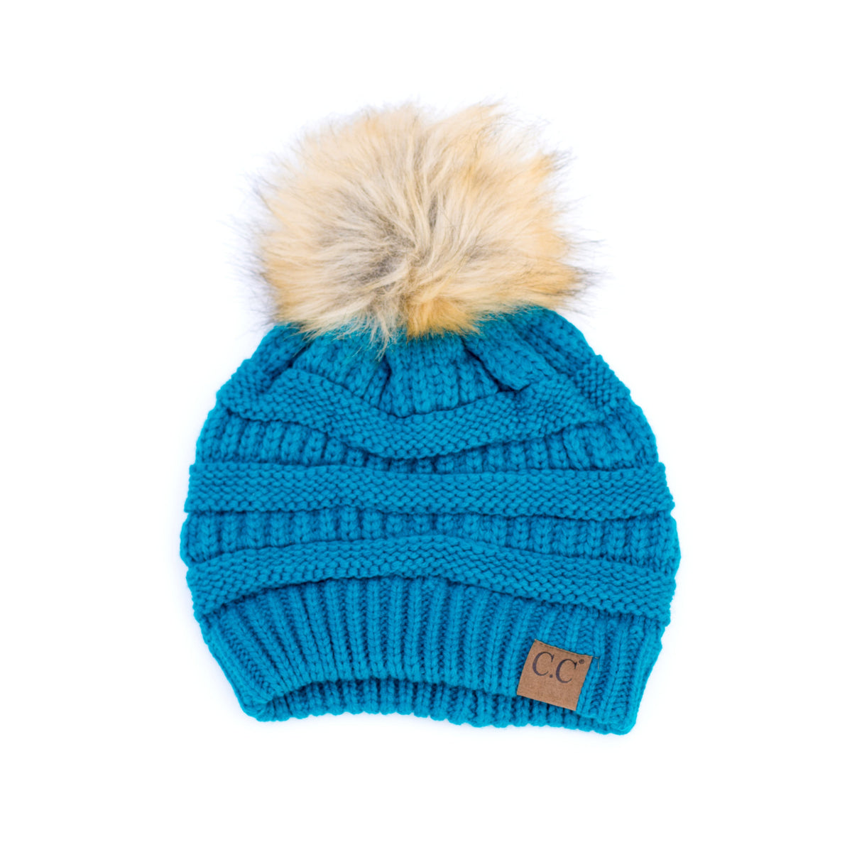 Teal textured knit pom beanie shown flat.