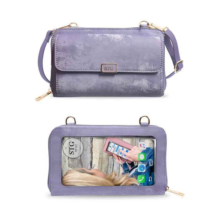 Icy Lavender Captiva phone purse with gold-tone hardware, shown from the front and clear-window rear.
