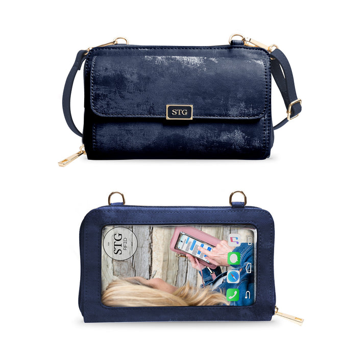 Icy Navy Captiva phone purse with gold-tone hardware, shown from the front and clear-window rear.