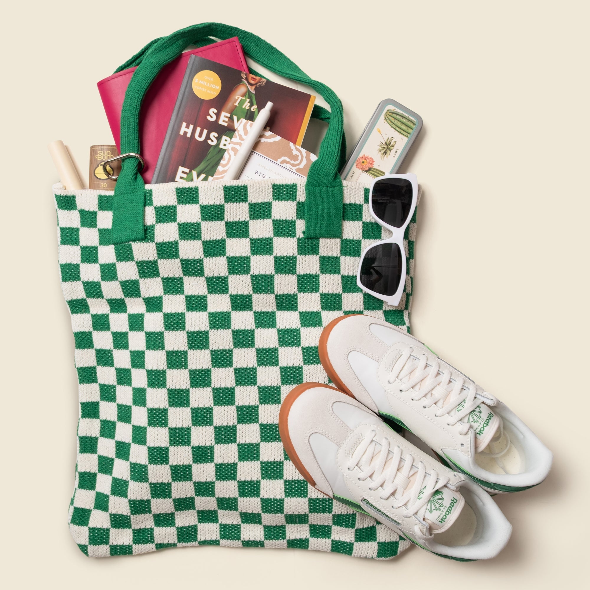 Green Checkered Washable Knit Tote Bag