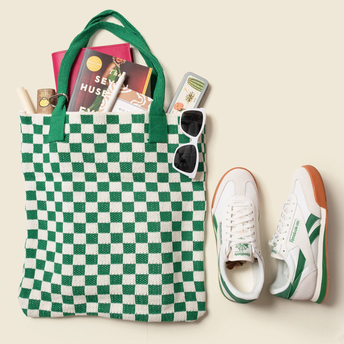 Green Checkered Washable Knit Tote Bag