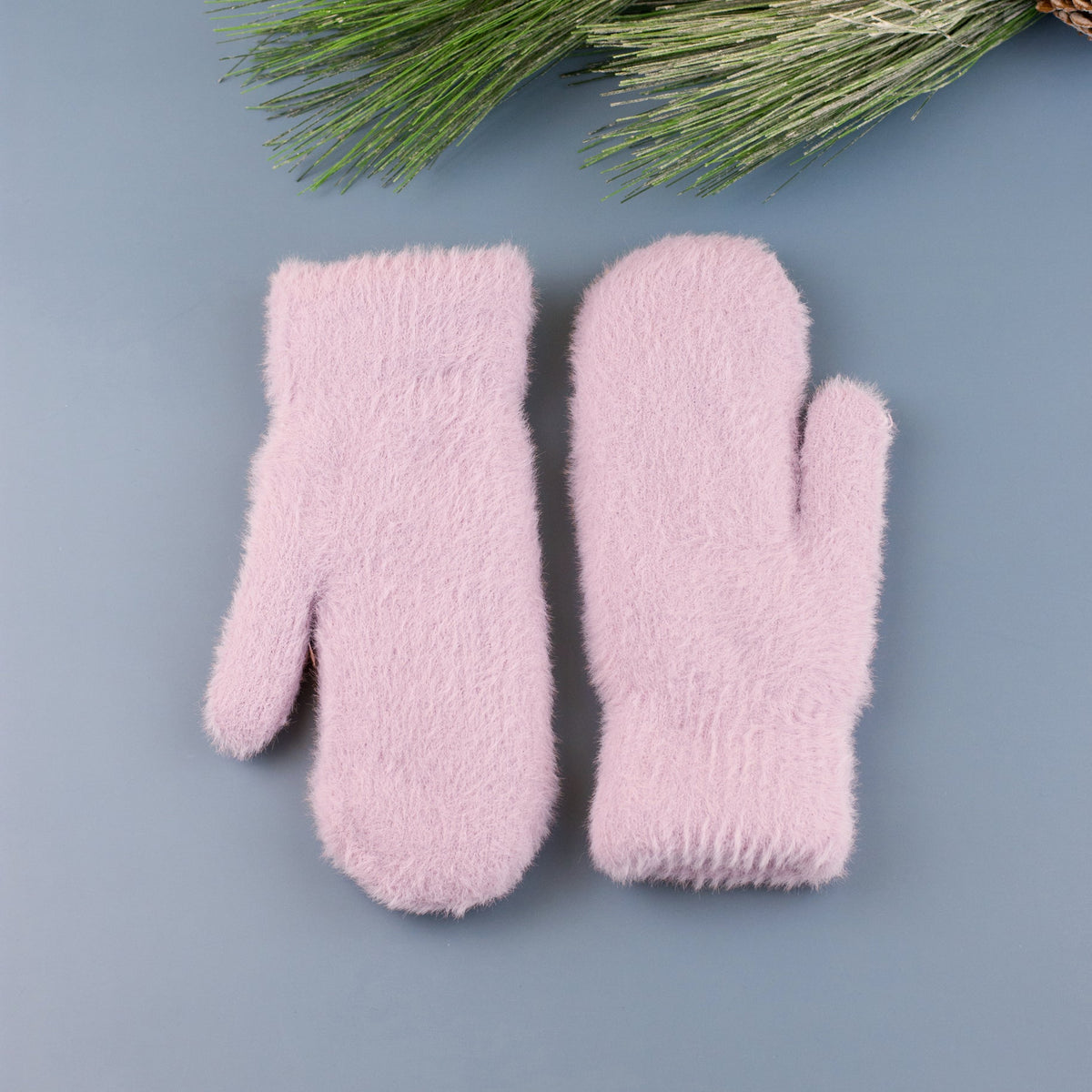 Lavender plush mittens displayed on a blue background.