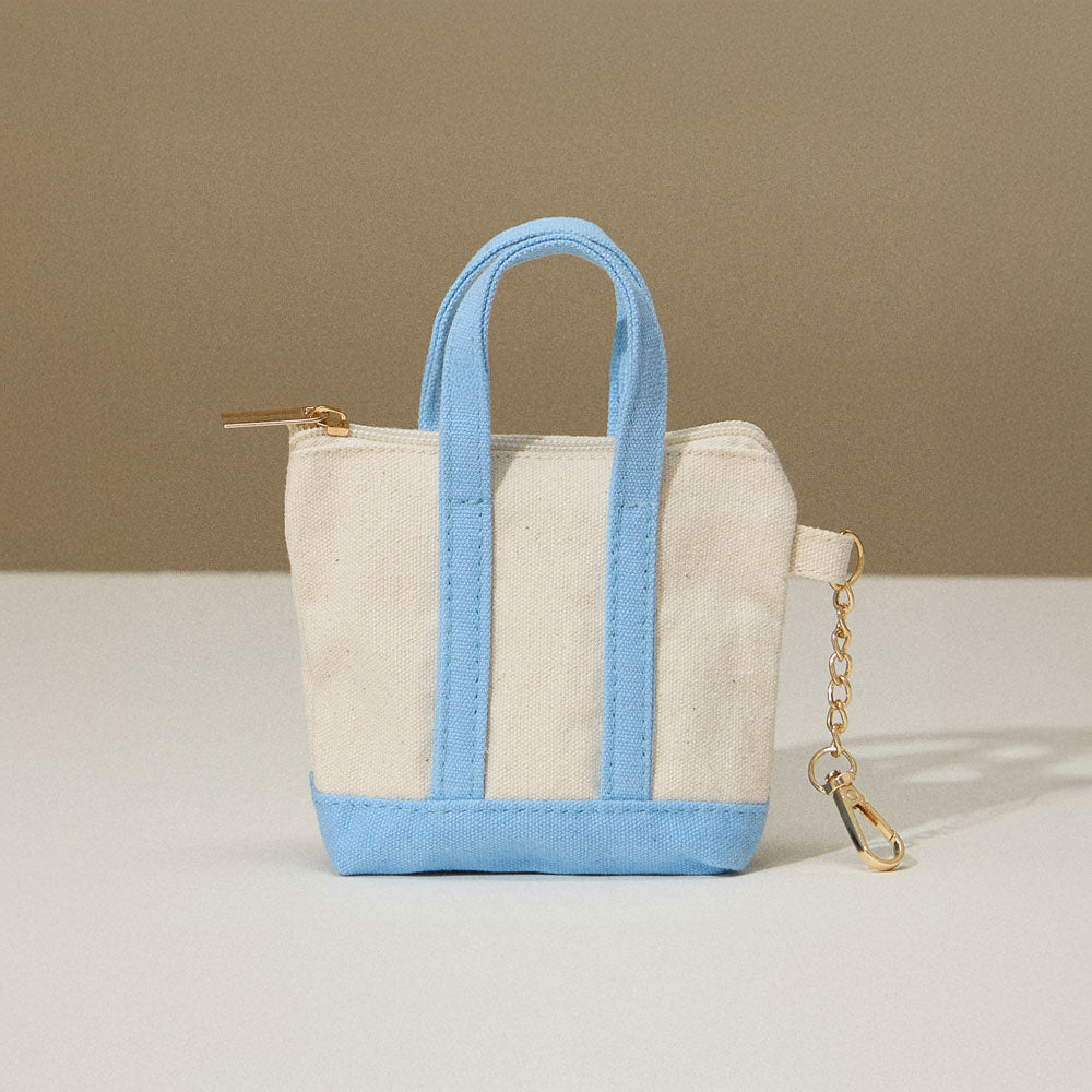 Light blue mini canvas zip pouch bag charm with gold chain clip